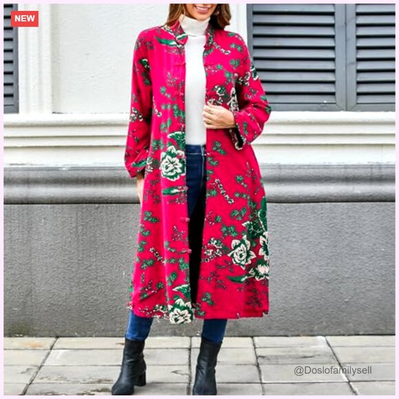 Vintage Floral Trench Coat Plus Size Cotton Linen Boho Long Jacket with Pockets - Picture 3 of 7